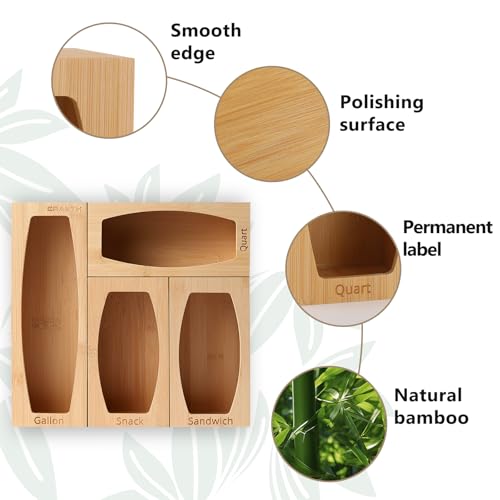 CRAKTH Plastic Bag Storage Organizer for Kitchen Drawer, Bamboo | Space-Saving, Set of 4 Separate, Food Bag Storage Holders, Fits Gallon, Quart, Sandwich, Snack Variety Size Bags