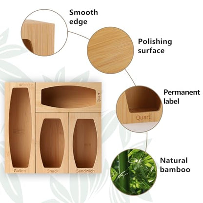 CRAKTH Plastic Bag Storage Organizer for Kitchen Drawer, Bamboo | Space-Saving, Set of 4 Separate, Food Bag Storage Holders, Fits Gallon, Quart, Sandwich, Snack Variety Size Bags