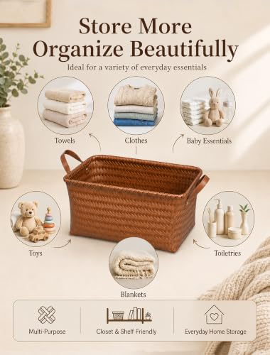 Wicker Storage Baskets, 4 Pack Woven Baskets for Shelves, Brown | PP Rattan, Water-resistant Wicker Basket, Large Baskets with Faux Leather Handles for Blanket, Laundry Organizer, Room Decor