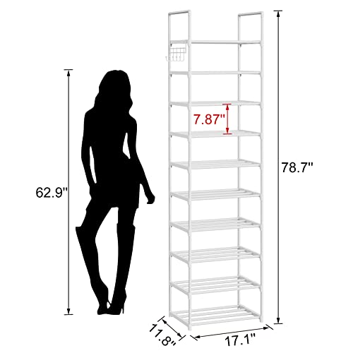Metal Shoe Rack Organizer 10 Tiers, 20-24 Pairs Narrow Tall Shoe Racks for Closets Entryway - Vertical Boots Organizer Storage - Sturdy Shoe Shelf Cabinet White