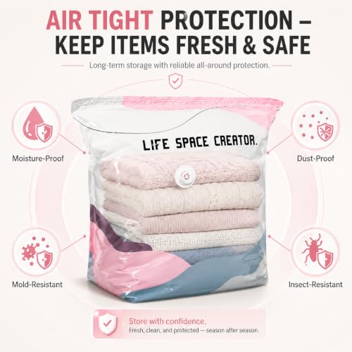 4Pcs No Pump Vacuum Storage Bags, Large Better Life Space Bags Cube Capacity Vacuum Bags for Clothes Bedding Comforters Off‑Season Gear (Pink white)