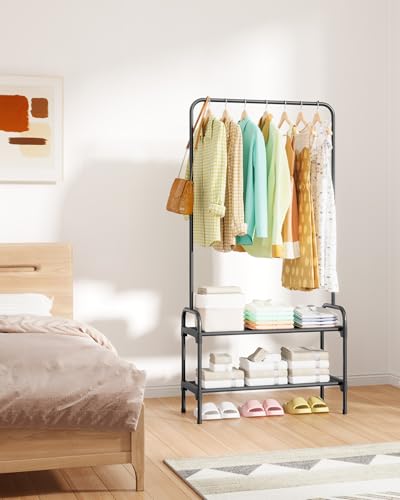 Sakugi Clothes Rack - 29.3" × 12.5" × 59.6" Clothing Rack and Shoe Rack with Anti-Slip Stopper, Large Capacity Rack with 2-Tier Shoe Organizer, Clothes Organizer for Bedroom, Entrance, Laundry, Black