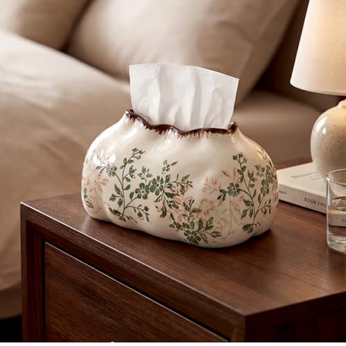 Yalikop Vintage Floral Ceramic Tissue Box Cover Chinoiserie Decorative Tissue Holder Retro Rustic Farmhouse Home Decor for Bathroom Vanity Table Living Room Bedroom Kitchen Office Green and Beige