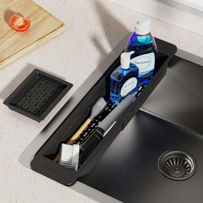 NiHome Extendable Kitchen Sink Caddy, Small Brush Sponge Storage Holder | Expandable Kitchen In Sink Organizer for Brush & Sponge with Drainage, Adjustable Length, Non-Slip Pads, Durable ABS (Black)