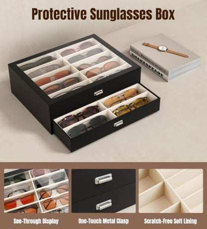 NEWLOOP Sunglass Drawer Storage Display Box for Multiple Pairs of Eyeglass | PVC Top Storage Box Women Men Jewelry Holder Leather Eyeglass Stand Eyewear Collection Case 2 Layer with 20 Slots Black