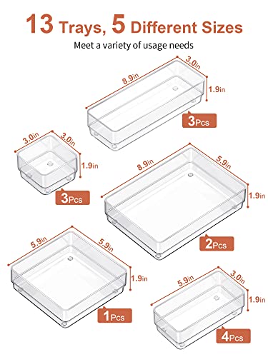SMARTAKE 13 PCS Drawer Organizer 5-Size Desk Makeup Drawer Organizer Clear | Storage Trays for Makeup with Non Slip Silicone Pads, Jewelries, Utensils in Bedroom Dresser, Office, Kitchen and Bathroom
