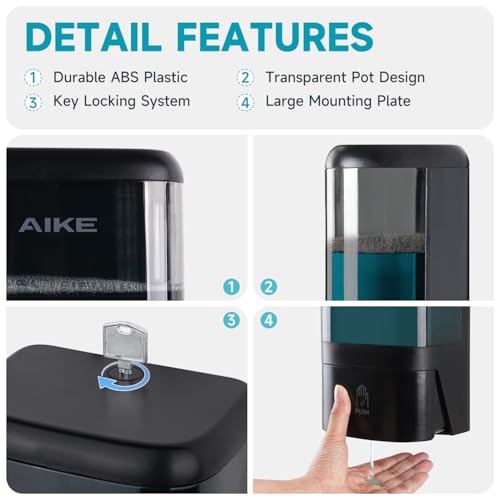 AIKE Liquid Commercial Soap Dispenser,40oz Capacity for Bathroom Black | Screw Wall Mount Install Design for Space-Saving,Transparent Pot with Key and Large Capacity for Commercial Bathroom,AK1007