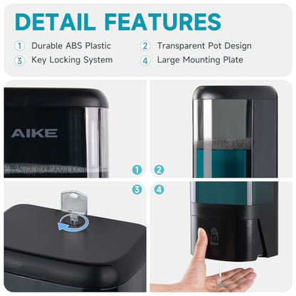 AIKE Liquid Commercial Soap Dispenser,40oz Capacity for Bathroom Black | Screw Wall Mount Install Design for Space-Saving,Transparent Pot with Key and Large Capacity for Commercial Bathroom,AK1007
