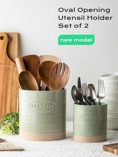 YHOSSEUN Kitchen Utensil Holder Set of 2, Utensil Crock for Countertop | 6.7"+5.1" Cooking Utensil Holder for Kitchen Counter, Oval Utensil Storage Organizer Farmhouse Kitchen Decor, Two-Tone, Green
