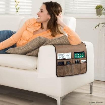 HAOMAIJIA Sofa Armrest Organizer, Remote Control Holder for Recliner Couch | Anti Slip Arm Chair Bedside Caddy Storage Organizer With 6 Pockets For Cell Phone Tv Remote Control Magazines (brown)