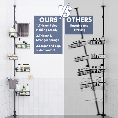 Shower Caddy Organizer Tension Pole, Corner Shower Shelves Bathroom Storage | 6 Tier Shelf, Rustproof 30-120’’ Adjustable, Towel Bar&Soap Dish for Bathroom Organizers, Shower Rack for Inside Shower,Black