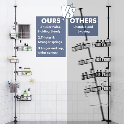Shower Caddy Organizer Tension Pole, Corner Shower Shelves Bathroom Storage | 6 Tier Shelf, Rustproof 30-120’’ Adjustable, Towel Bar&Soap Dish for Bathroom Organizers, Shower Rack for Inside Shower,Black