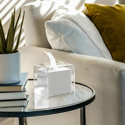 Acrylic Tissue Box Cover 5.4x5.4x5.4'' Clear Tissue Holder Napkin Dispenser for Home Office Restaurant-Clear | Bottom Magnet Closure, for Home Office Restaurant Vanity Desk TableTop