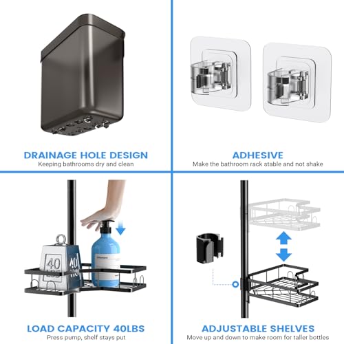 Adjustable Shower Caddy Tension Pole: Rustproof Corner Bathroom Shelves | 4-Tier 31-124" No Drill Standing Organizer Fits Apartments Rentals Bathroom Bathtub, for Shampoo, Conditioner, Bath Essential