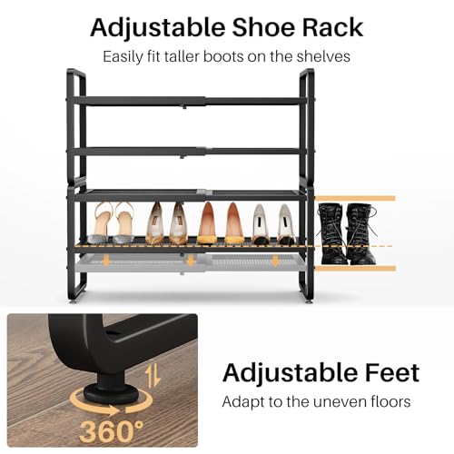 Expandable Metal Shoe Rack for Closet, Entryway & Garage, 4-Tier, Black | Adjustable Height for Boots, Stackable Design, Dense Mesh Shelves for Heels, Fits Small Spaces, Apartments and Rentals