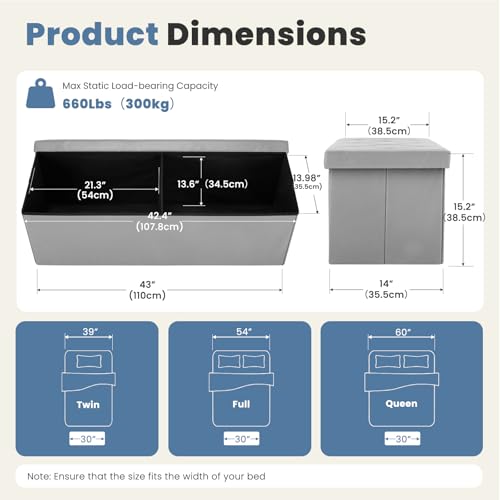 DUMOS 43 Inch Folding Ottoman with Storage Bench, Foot Rest Stool Ottoman | Upholstered End of Bed Storage Bench, Storage Ottoman Loads 660 Lbs for Bedroom, Living Room, Synthetic Leather, Grey