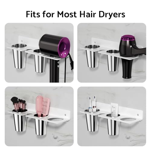 Hair Tool Organizer Wall Mount, White Acrylic Hot Tool Holder with 2Cups, Bathroom Hair Styling Accessories Storage Organizer for Flat Iron, Blow Dryer, Curling Wand