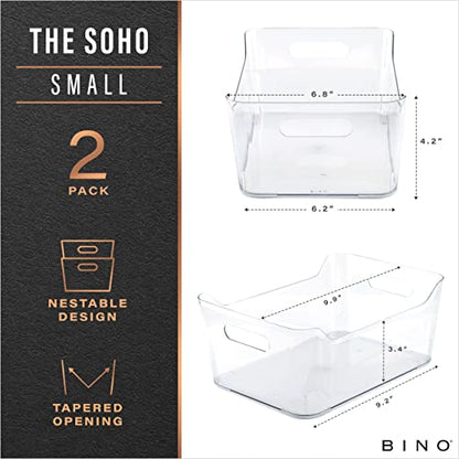 BINO | Plastic Storage Bins, Small - 2 Pack, Clear | THE SOHO COLLECTION | Pantry Organizers and Storage Containers Fridge Organizer Bins Kitchen Cabinet Organizer Medicine Cabinet Bin