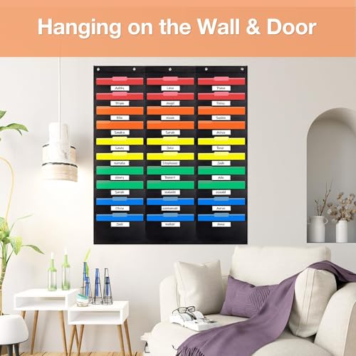 Opret 30 Pockets Storage Pocket Chart with 30 Nametag Pockets, Hanging Wall File Organizer for File Folders with 5 Hangers for Classroom, Office, School Mailbox Organizer and Home (Black)