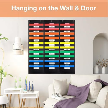 Opret 30 Pockets Storage Pocket Chart with 30 Nametag Pockets, Hanging Wall File Organizer for File Folders with 5 Hangers for Classroom, Office, School Mailbox Organizer and Home (Black)
