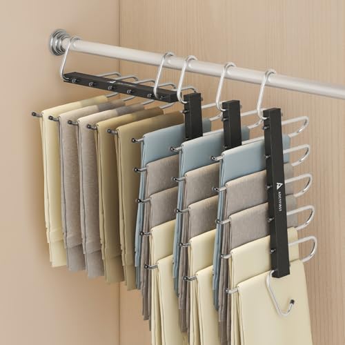 4 Pack Pants Hangers Space Saving,Closet Hanger Space Saver,Black | Stainless Steel , 5 Multi Tiers,Compact Hanging Jeans Organizer,Vertical Pant Rack for Jean Leggings Trousers,Scarf
