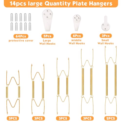 14 pcs Plate Hangers for The Wall, 4/6/8/10/12 Inch Invisible Decorative Wall Plate Hangers, Stainless Steel Plates Walls Hanger for Display Various Sizes with Hooks for Decorative