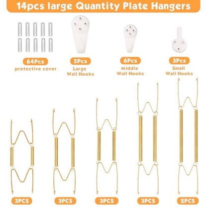 14 pcs Plate Hangers for The Wall, 4/6/8/10/12 Inch Invisible Decorative Wall Plate Hangers, Stainless Steel Plates Walls Hanger for Display Various Sizes with Hooks for Decorative