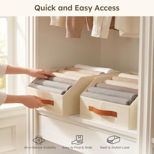 Fabric Storage Bins for Organizing - 6 Pack Large Trapezoid Collapsible Storage Bins with Front Handle, Closet Organizers and Storage for Bedroom, Home Shelves, Small Spaces, Beige