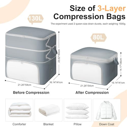 Comforter Storage Bag - 130L Blanket Storage Bags Front-opening Ultra Space Saving Self Compression Organizer, Washable Compression Bags for Storage Comforter Blanket, 1 Pack, Grey