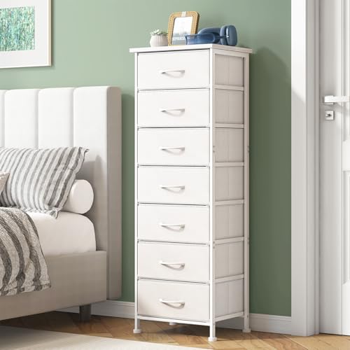 Fixwal Tall Narrow White Dresser for Bedroom, Storage Dresser Organizer in Closet with 7 Fabric Drawers, Nightstand for Dorm
