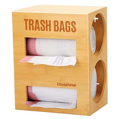 Dual Roll Bamboo Trash Bag Dispenser and Holder, Wall Mount | Fits standard 13-33 gallon rolls up to 5.2 in diameter. Measure bulk rolls before ordering