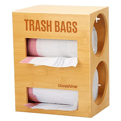 Dual Roll Bamboo Trash Bag Dispenser and Holder, Wall Mount | Fits standard 13-33 gallon rolls up to 5.2 in diameter. Measure bulk rolls before ordering