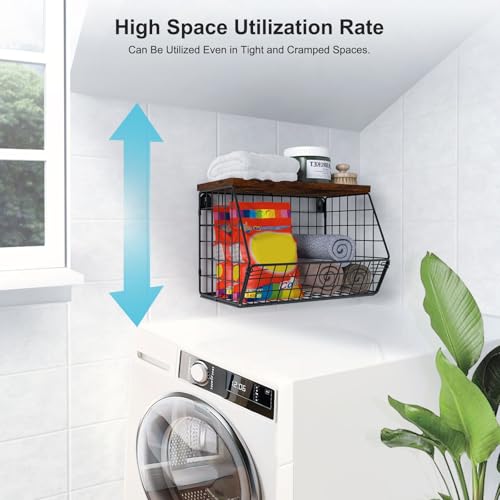 MSJGA Laundry Room Shelves, Wall Mounted Storage Basket, 11.8"Wx7.9"Dx8.5"H | Stackable Wire Wall Shelves Organizer for Towels, Detergent, Tissues, Space-Saving Over Washer & Dryer, Small Spaces