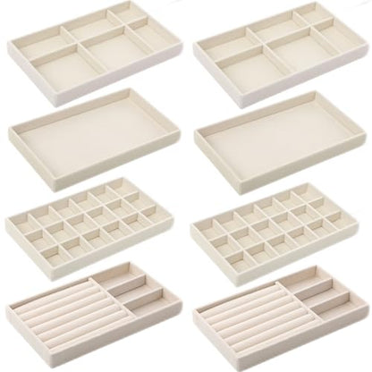 8 Pcs Small Velvet Jewelry Trays Stackable Drawers Organizer Inserts Divided Display Trays for Earring Ring Necklace, Beige
