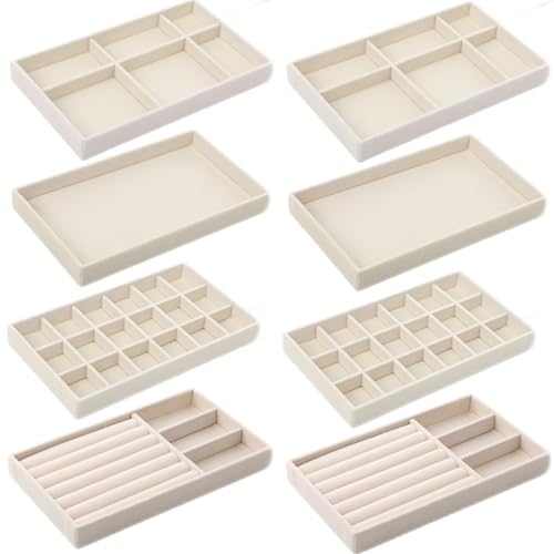 Inbagi 8 Pcs Small Velvet Jewelry Trays Stackable Drawers Organizer Inserts Divided Display Trays for Earring Ring Necklace, Beige