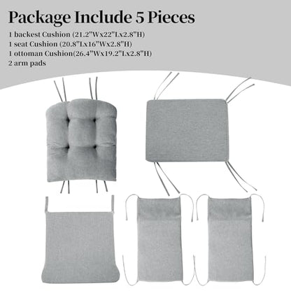 HOMBYS Glider Rocker Replacement Cushions with Storage Side Pocket,Linen-Like Fabric, Foam & Microfiber Filling, Non-Slip & Washable,Thickened & Supportive for Glider Rocking Chair (Grey)