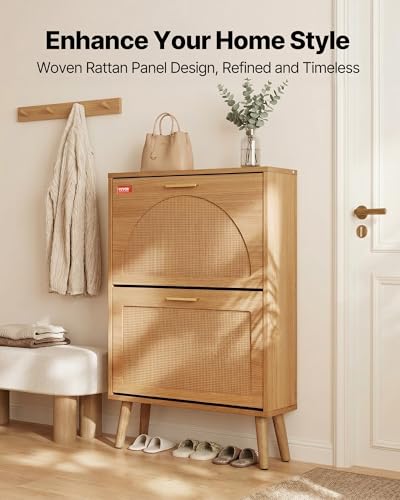 VEVOR Shoe Cabinet with 2 Flip Drawers, Shoe Storage Cabinet for Entryway, Free Standing Shoe Storage Organizer with Rattan Doors for Heels, Boots, Slippers in Hallway, Living Room