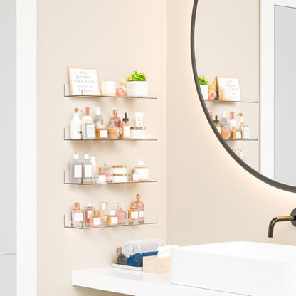 4 Pack 15" Acrylic Shelves for Wall,Bathroom,Bedroom - with Adhesive - No Drilling Clear Floating Shelves for Funko Pop,Lego,Action Figures,Nail Polish,Perfume Shelf and Wall Storage & Display