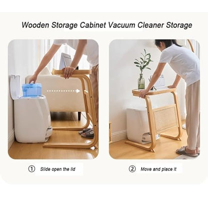 Robot Vacuum Storage Modern 27 Inch Tall Side Tables Cabinet | Bamboo Glass Coffee Table Freestanding Rattan Storage Wood Rack for Home Office and Living Room Bedroom