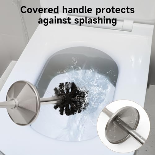 Stain Nickel Toilet Brush and Holder，Extra Long Handled Toilet Brush for Bathroom，Stainless Steel Heavy Duty Toilet Bowl Brush,Deep Cleaning Modern Toilet Cleaner Brush -Space Saving, Covered Brush