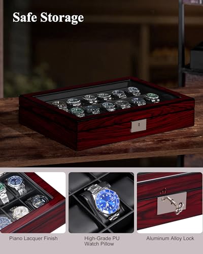 ANWBROAD 21 Slot Watch Cases for Men, Watch Box Organizer with Large Glass | Red Piano Finish, Lid Lockable Wooden Watch Display Case, Watch Organizer for Men Women Watch Holder, Watch Storage UJWB004Y