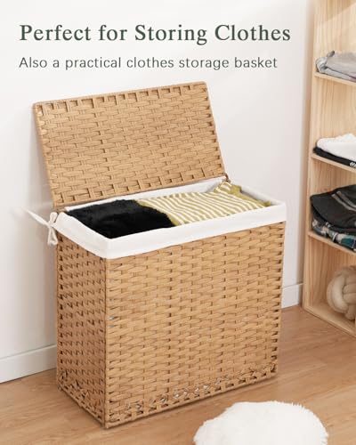 SETVSON Laundry Hamper with Lid Laundry Basket 132 L PE Rattan Natural | Decorative PE Rattan Furniture Look for Bedroom, Large Sorting Hamper with Lid, 4 Liners, 6 Mesh Bags, Steel Frame