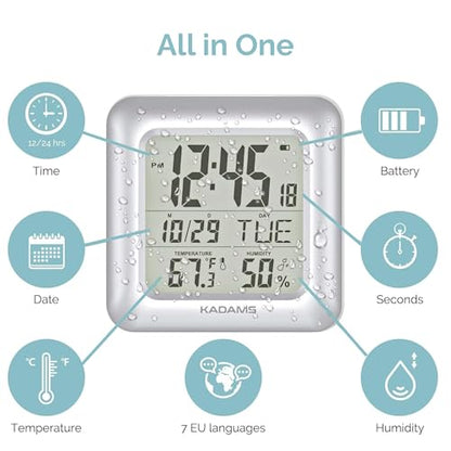 KADAMS Bathroom Clock 9.5" Kitchen Wall Clock with Large LCD Screen – Shower Clock with Suction Cup,Temperature, Humidity, Calendar – Water-Resistant, 4 Mounting Options, Silver