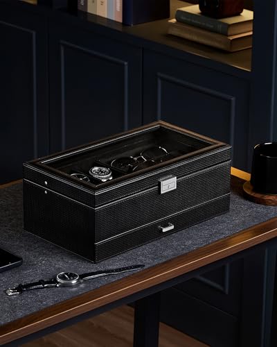 ProCase Mens Jewelry Box,6 Slot Watch Box & 3 Slot Sunglass Holder-AllBlack | 2-layer Lockable Sunglasses Jewelry Organizer Storage for Men, Watch Display Case with Drawer, Clear Lid, Father Gift