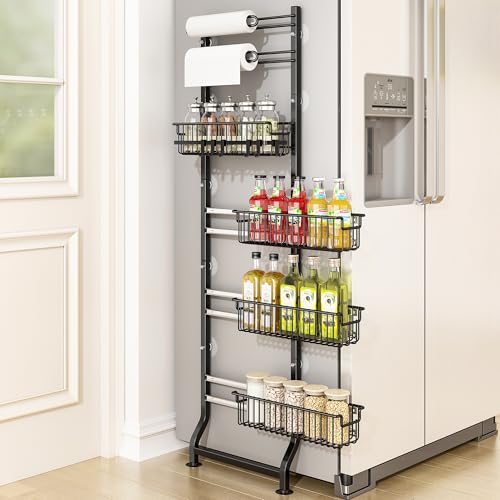 BUKFEN 6-Tier Slim Corner Shelf, Spice Rack Narrow Storage Next to Fridge | Bidirectional Pull-Out Baskets, Bent Base Stability, 6 Hooks, Space-Saving Slim Design for Kitchen, Bathroom, Laundry Room