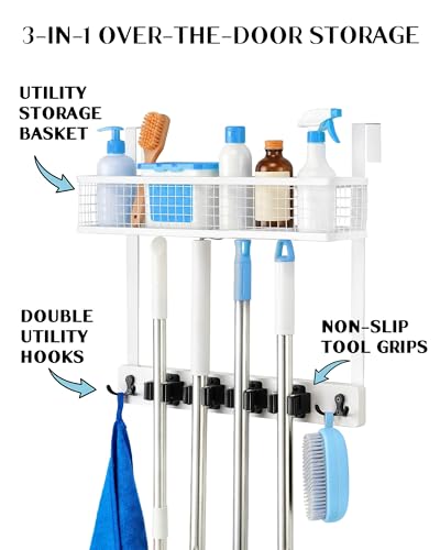 Lorbro Over the Door Broom and Mop Holder with Basket, 4 Grips and 4 Hooks | No-Drill Door Mount, Cleaning Supply Organizer, Wood and Metal Build, Secure Grip Slots, Laundry Garage Closet Use