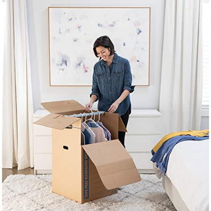 ‎Bankers Box 3-Pack Short Wardrobe Moving Boxes, 20" x 20" x 40" | Move hanging clothes from closet to truck with wardrobe boxes that reduce folding, wrinkles, and repacking.