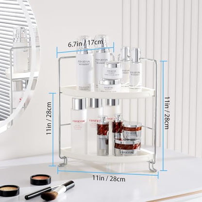 FSyueyun 2-Tier Corner Bathroom Counter Organizer, Vanity Tray, Silver | Plastic Bathroom Organizer Countertop for Skincare, Perfume, Makeup, Tool-Free Assembly, Small Bathroom Corner Tray Shelf