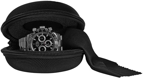 Travel Watch Case | Single Watch Box w/Zipper for Storage | Cushioned Round Portable Watch Case for Travel | Fits all Wristwatches and Smart Watches up to 50mm (Black)