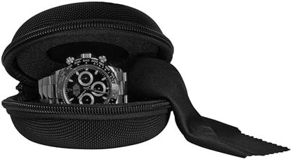 Travel Watch Case | Single Watch Box w/Zipper for Storage | Cushioned Round Portable Watch Case for Travel | Fits all Wristwatches and Smart Watches up to 50mm (Black)